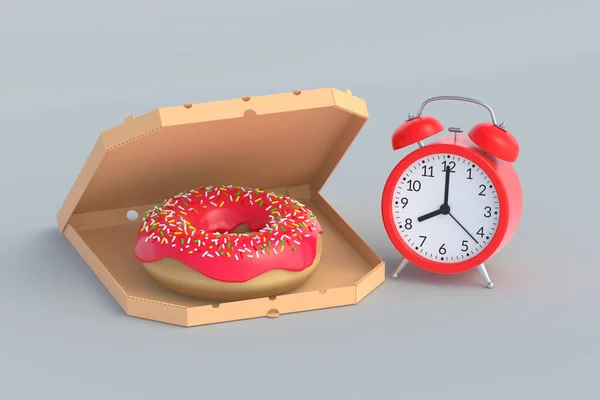 Donut Pizzadoos Bij Wekker Fast Food Concept Levertijd Ongezonde Snack — Stockfoto