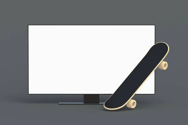白い隔離された画面を持つテレビの近くのスケートボード トーナメントのスポーツ放送 オンラインストリーム 余暇と娯楽 3Dレンダリング — ストック写真