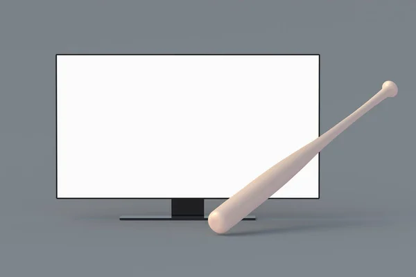 白の隔離された画面を持つテレビの近くの野球バット トーナメントのスポーツ放送 オンラインストリーム 余暇と娯楽 3Dレンダリング — ストック写真