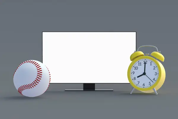 Μπάλα Του Μπέιζμπολ Κοντά Στο Ξυπνητήρι Και Τηλεόραση Λευκό Απομονωμένη — Φωτογραφία Αρχείου
