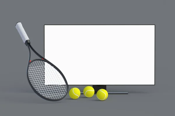 白い隔離された画面とテレビの近くのテニスラケットとボール トーナメントのスポーツ放送 オンラインストリーム 余暇と娯楽 3Dレンダリング — ストック写真