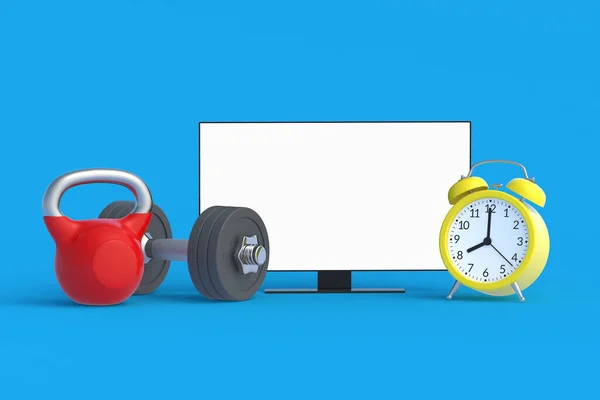Kettlebell Dumbbell Alarm Clock White Isolated Screen Schedule Television Broadcasts — Stock Photo, Image