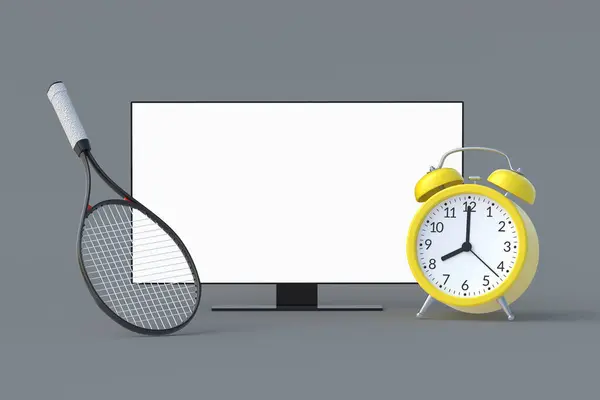 Alarm Saatinin Yanında Tenis Raketi Beyaz Ekranlı Televizyon Turnuvanın Televizyon — Stok fotoğraf