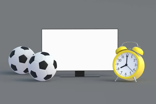 Soccer Balls Alarm Clock White Isolated Screen Schedule Television Broadcasts — Stock Photo, Image