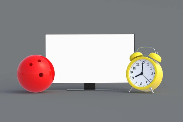 Alarm Saatinin Yanında Bowling Topu Beyaz Izole Ekranlı Televizyon Turnuvanın — Stok fotoğraf