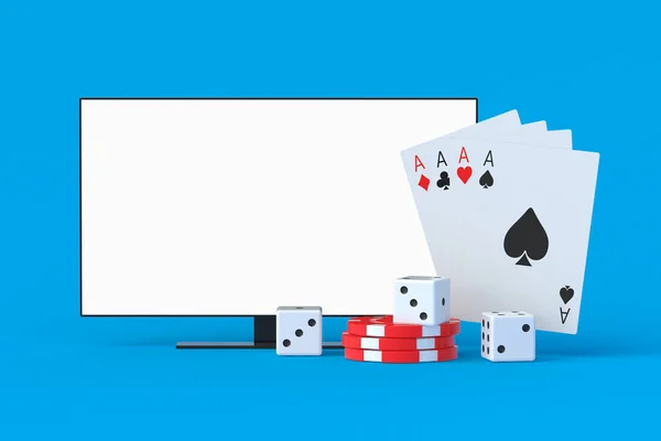 Kártyázás Zsetonok Kockák Póker Közelében Fehér Elszigetelt Képernyőn Sportközvetítés Tornáról — Stock Fotó