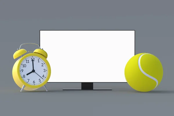 Alarm Saatinin Yanında Tenis Topu Beyaz Izole Ekranlı Televizyon Turnuvanın — Stok fotoğraf