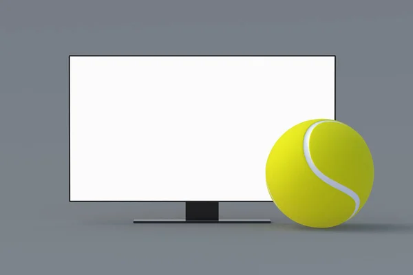 白い隔離された画面を持つテレビの近くのテニスボール トーナメントのスポーツ放送 オンラインストリーム 余暇と娯楽 3Dレンダリング — ストック写真