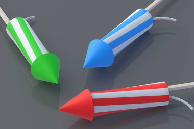 Yansımalı havai fişekler. Parti ve festival konsepti. 3d hazırlayıcı