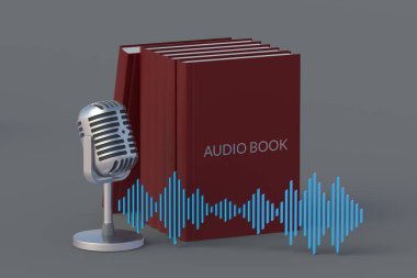 Mikrofon ve ses dalgalarının yanında yazılı Audiobook konsepti. Modern teknoloji. Edebiyat. 3d hazırlayıcı