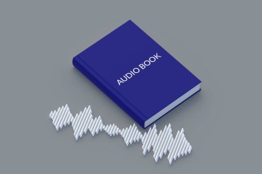 Audiobook konsepti, ses dalgalarının yanındaki kitapta yazılı. Modern teknoloji. Edebiyat. 3d hazırlayıcı