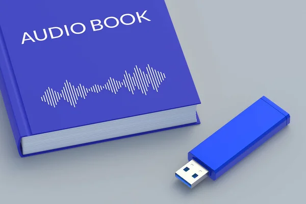 フラッシュドライブの近くの本や音声波の碑文とオーディオブックの概念 現代の技術 音の文学 3Dレンダリング — ストック写真