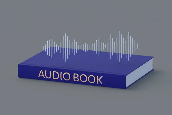 Konsep Audiobook Dengan Tulisan Pada Buku Dekat Gelombang Suara Teknologi — Stok Foto