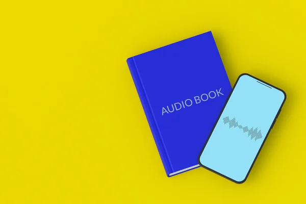 スマートフォン上の本や音声波の碑文とオーディオブックの概念 現代の技術 音の文学 最上階だ コピースペース 3Dレンダリング — ストック写真
