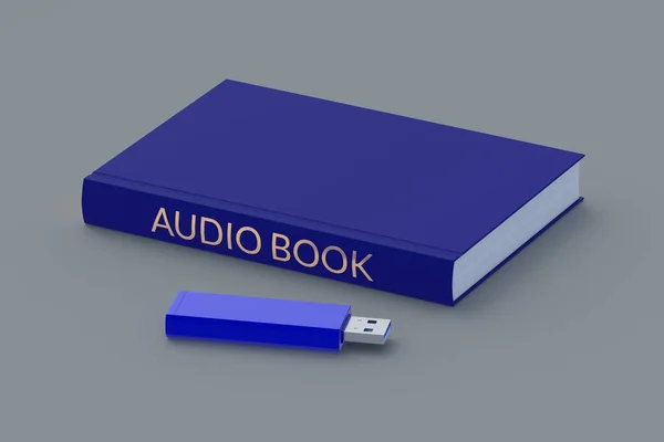 フラッシュドライブの近くの本に碑文とオーディオブックの概念 現代の技術 音の文学 3Dレンダリング — ストック写真