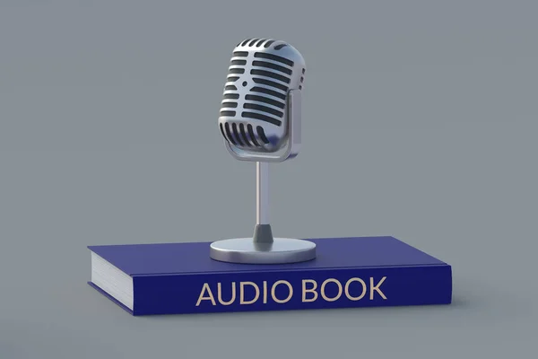 マイクの近くの本に碑文とオーディオブックの概念 現代の技術 音の文学 3Dレンダリング — ストック写真