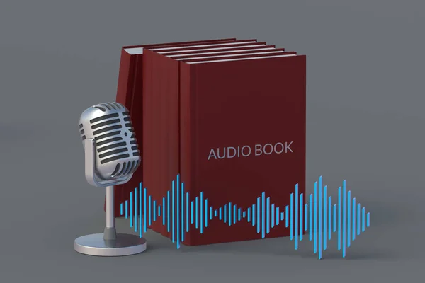 マイクと音声の波の近くの本の碑文とオーディオブックの概念 現代の技術 音の文学 3Dレンダリング — ストック写真