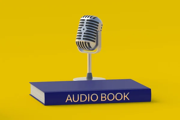 マイクの近くの本に碑文とオーディオブックの概念 現代の技術 音の文学 3Dレンダリング — ストック写真