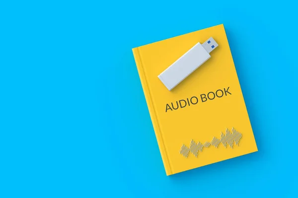フラッシュドライブと音声波の近くの本の碑文とオーディオブックの概念 現代の技術 音の文学 最上階だ コピースペース 3Dレンダリング — ストック写真