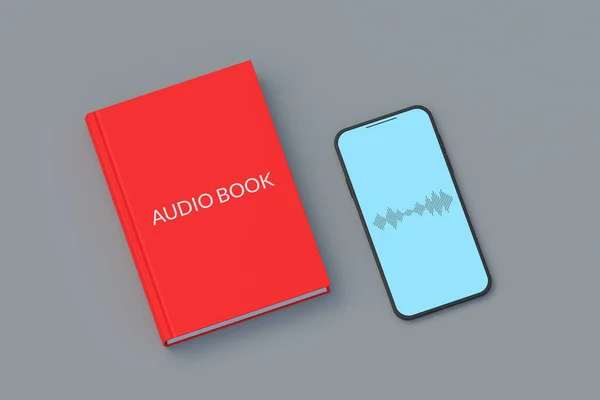 スマートフォン上の本や音声波の碑文とオーディオブックの概念 現代の技術 音の文学 最上階だ 3Dレンダリング — ストック写真