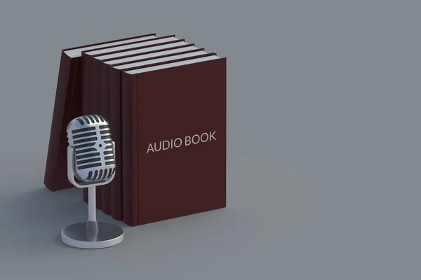 マイクの近くの本に碑文とオーディオブックの概念 現代の技術 音の文学 コピースペース 3Dレンダリング — ストック写真