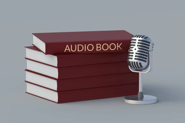 Concepto Audiolibro Con Inscripción Libro Cerca Del Micrófono Tecnología Moderna — Foto de Stock