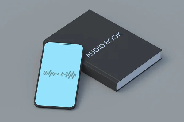 スマートフォン上の本や音声波の碑文とオーディオブックの概念 現代の技術 音の文学 3Dレンダリング — ストック写真