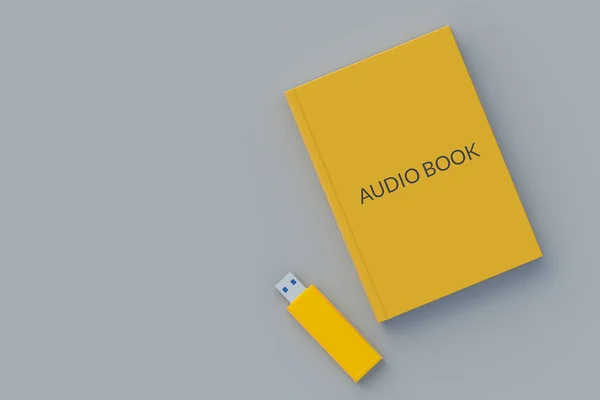 フラッシュドライブの近くの本に碑文とオーディオブックの概念 現代の技術 音の文学 最上階だ コピースペース 3Dレンダリング — ストック写真