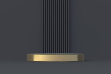Siyah arka planda boş podyum. Boş altın piedestal. Ürün sunumu. Gösteri salonu galerisi. 3d hazırlayıcı