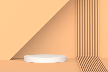 Bej arka planda boş podyum. Boş piedestal. Ürün sunumu. Gösteri salonu galerisi. 3d hazırlayıcı