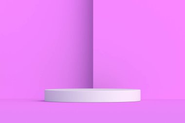 Mor arka planda boş podyum. Boş piedestal. Ürün sunumu. Gösteri salonu galerisi. 3d hazırlayıcı