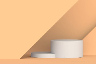Bej arka planda boş podyum. Boş piedestal. Ürün sunumu. Gösteri salonu galerisi. 3d hazırlayıcı