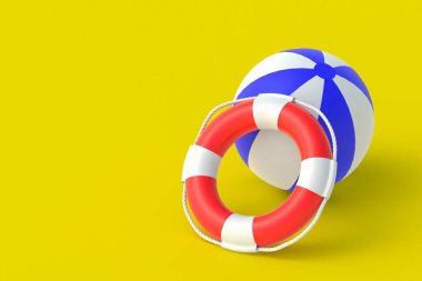 Sarı arka planda Lifebuoy ve plaj topu. Yaz konsepti. Yaz tatili ve tatil. Uzayı kopyala 3d hazırlayıcı