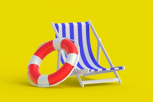 黄色の背景にライフブイとビーチチェア 夏のコンセプト 夏休みと休日 3Dレンダリング — ストック写真