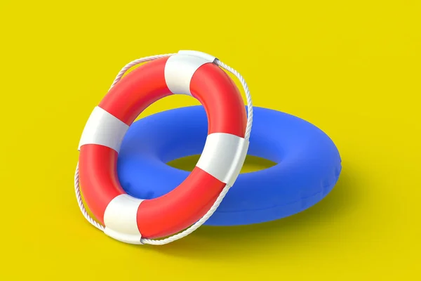 Rettungsring Und Strandring Auf Gelbem Hintergrund Sommerzeit Sommerurlaub Und Urlaub — Stockfoto