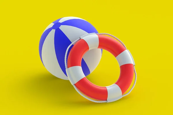 黄色背景的救生圈和海滩球 夏天的概念 暑假和假日 3D渲染 — 图库照片