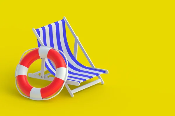 黄色の背景にライフブイとビーチチェア 夏のコンセプト 夏休みと休日 コピースペース 3Dレンダリング — ストック写真