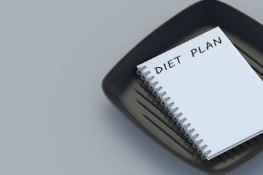 Kızartma tavasının yanındaki not defterine yazılan diyet planı. Sağlıklı beslenme. Kalori kontrolü. Beslenme danışmanıyım. Yemek takvimi. Zayıflatıcı konsept. Uzayı kopyala 3D zayıflatma