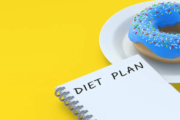 在餐盘上靠近甜甜圈的记事本上填写饮食计划 健康饮食 卡路里控制 营养学家会诊就餐时间表 瘦身的概念 复制空间 3D使瘦身 — 图库照片