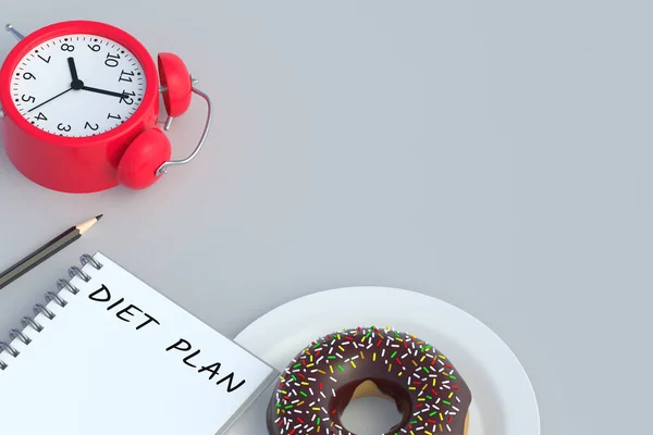 Plan Dieta Inscripción Bloc Notas Cerca Donut Despertador Alimentación Saludable — Foto de Stock