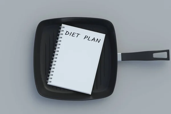 Inscription Dietní Plán Notepadu Blízkosti Pánve Zdravé Jídlo Kontrola Kalorií — Stock fotografie