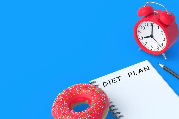 Plan Dieta Inscripción Bloc Notas Cerca Donut Lápiz Despertador Alimentación — Foto de Stock