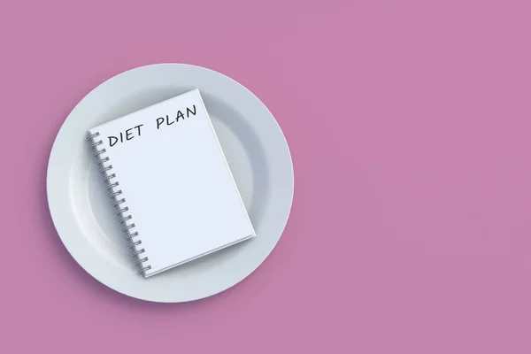 Beschriftung Diätplan Auf Notizblock Der Nähe Platte Gesunde Ernährung Kalorienkontrolle — Stockfoto