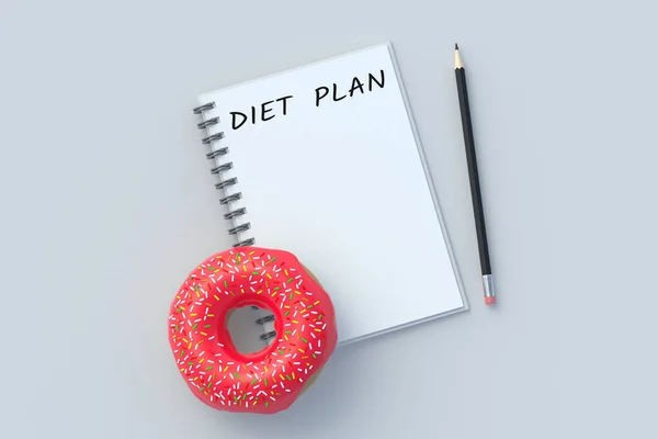 Beschriftung Ernährungsplan Auf Notizblock Der Nähe Von Donut Und Bleistift — Stockfoto