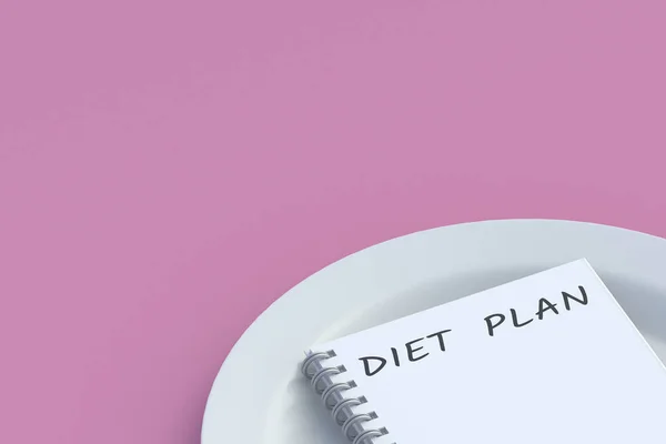 在盘子上的记事本上填写饮食计划 健康饮食 卡路里控制 营养学家会诊就餐时间表 瘦身的概念 复制空间 3D使瘦身 — 图库照片