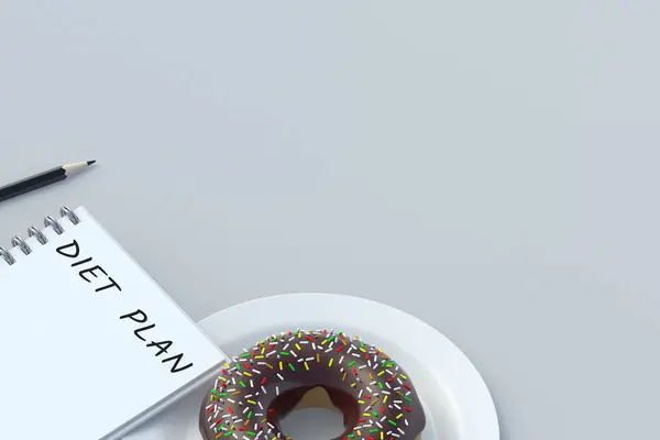 Beschriftung Ernährungsplan Auf Notizblock Der Nähe Donut Bleistift Gesunde Ernährung — Stockfoto
