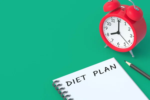 Plan Dieta Inscripción Bloc Notas Cerca Del Despertador Alimentación Saludable — Foto de Stock