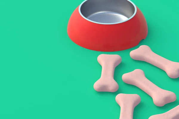 在碗附近撒上干狗食 狗照顾 适当的动物营养概念 宠物的食物 脆皮的骨头为小狗 复制空间 3D渲染 — 图库照片