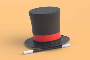 Sihirli silindir ve sopa. Büyü konsepti. Sihirli aksesuar. Gizemli gösteri. İllüzyon numarası. Sirk gösterisi. 3d hazırlayıcı