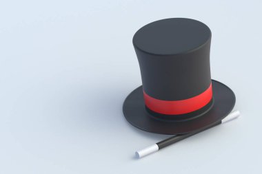 Sihirli silindir ve sopa. Büyü konsepti. Sihirli aksesuar. Gizemli gösteri. İllüzyon numarası. Sirk gösterisi. Uzayı kopyala 3d hazırlayıcı